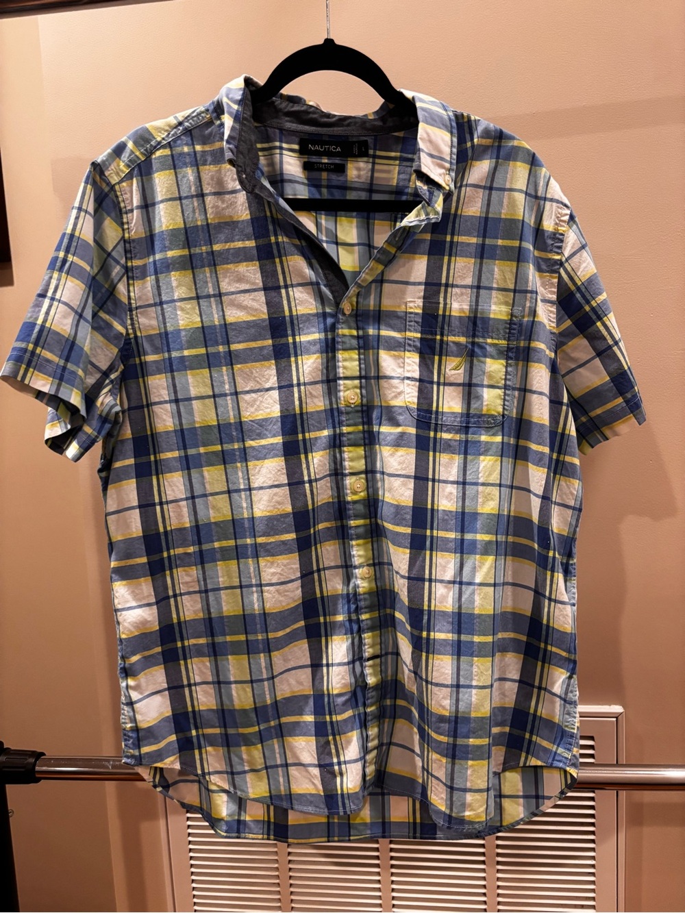 Nautica Men’s Blue, Yellow & White Plaid Short-Sleeve Button-Down Shirt